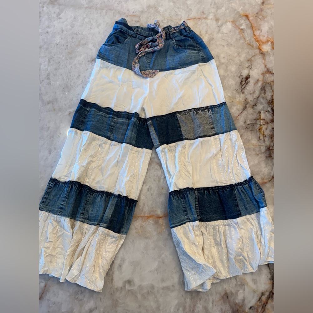 Striped Wide-Leg Patchwork Pants in Blue & White